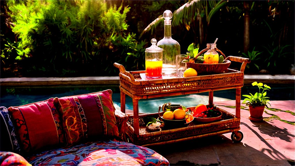 A_bohemian_outdoor_bar_cart_in_a_lush_garden_2