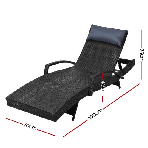 Gardeon 2x Sun Lounge Wicker Lounger Outdoor Furniture Beach Chair Armrest Adjustable Black - Image 2