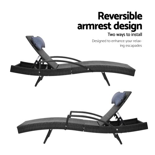 Gardeon 2x Sun Lounge Wicker Lounger Outdoor Furniture Beach Chair Armrest Adjustable Black - Image 6