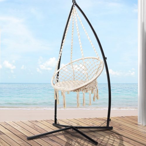 Gardeon Hammock Chair with Steel Stand Macrame Outdoor Swinging Cream - Image 8